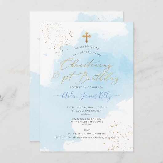 Invitation PixDezines H2 Blue Christening + 1st Birthday (Devant / Derrière)