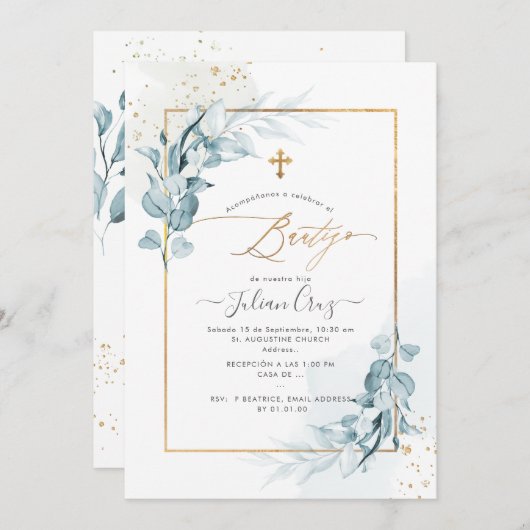 Invitation PixDezines H2 Blue Gum Eucalyptus Bautizo (Devant / Derrière)