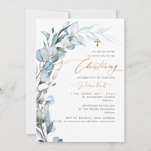 Invitation PixDezines H2 Blue Gum Eucalyptus Christening (Devant)