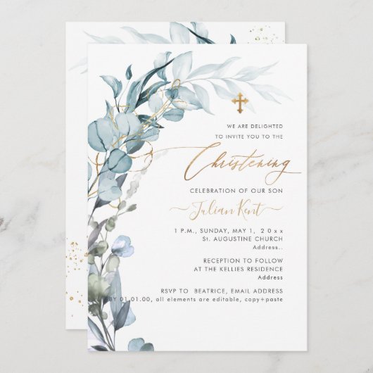 Invitation PixDezines H2 Blue Gum Eucalyptus Christening (Devant / Derrière)