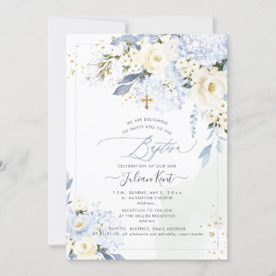 Invitation PixDezines H2 Blue Hydrangeas Crème Roses Baptême