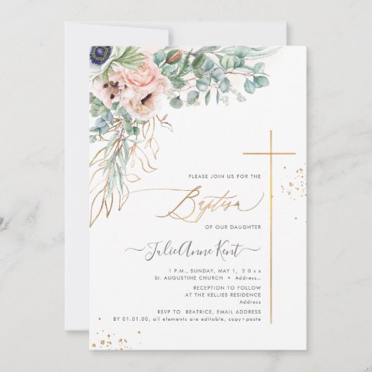 Invitation PixDezines H2 Blush Anémones Baptême (Devant)