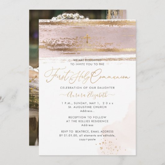 Invitation PixDezines H2 Blush Pink First Holy Communion Invi (Devant / Derrière)