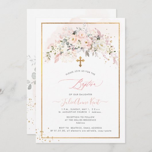 Invitation PixDezines H2 Blush Rose Baptême (Devant / Derrière)
