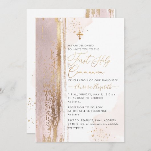 Invitation PixDezines H2 Blush rose Première Communion Sainte (Devant / Derrière)