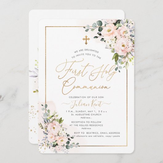 Invitation PixDezines H2 Blush Roses première sainte communio (Devant / Derrière)