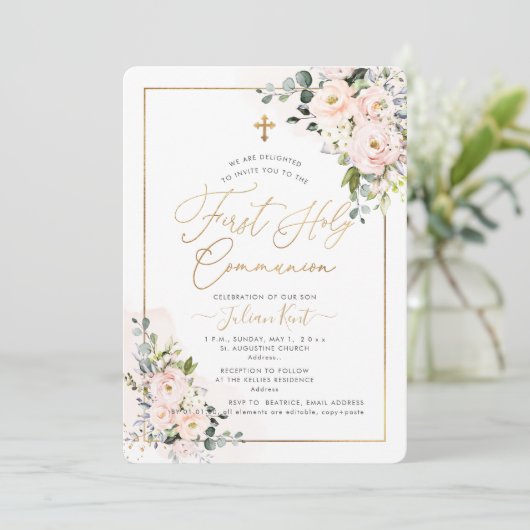 Invitation PixDezines H2 Blush Roses première sainte communio (Debout devant)