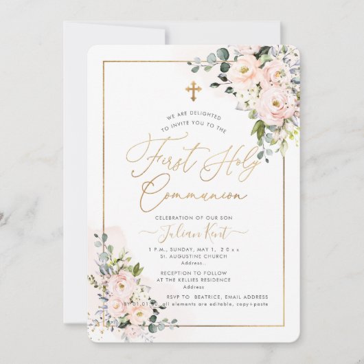 Invitation PixDezines H2 Blush Roses première sainte communio (Devant)