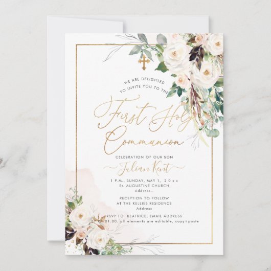 Invitation PixDezines H2 Blush Roses première sainte communio (Devant)