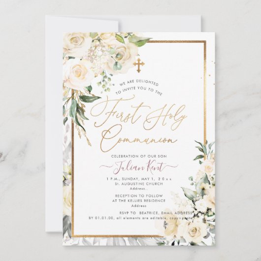 Invitation PixDezines H2 Crème Rose Première Communion Sainte (Devant)