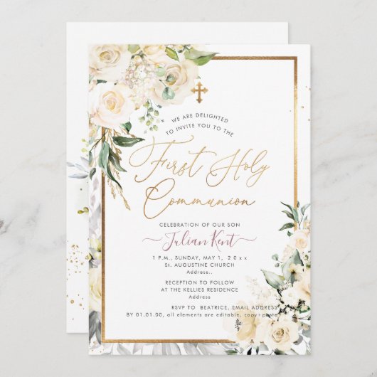 Invitation PixDezines H2 Crème Rose Première Communion Sainte (Devant / Derrière)