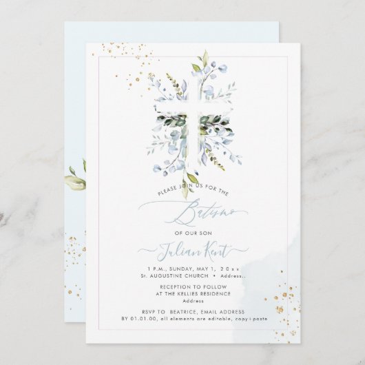 Invitation PixDezines H2 Dusty Blue Eucalyptus Batismo (Devant / Derrière)
