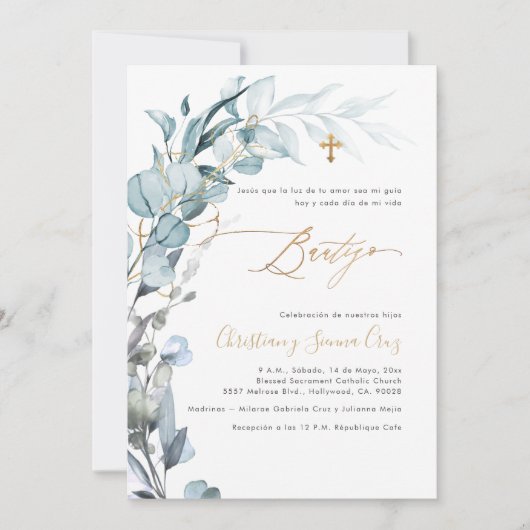 Invitation PixDezines H2 Dusty Blue Gum Eucalyptus Bautizo (Devant)
