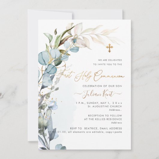 Invitation PixDezines H2 Dusty Blue Gum Foliage Communion (Devant)