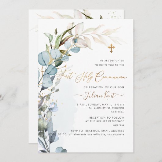 Invitation PixDezines H2 Dusty Blue Gum Foliage Communion (Devant / Derrière)