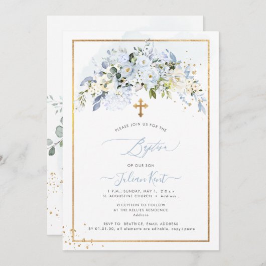 Invitation PixDezines H2 Dusty Blue Roses Baptême (Devant / Derrière)