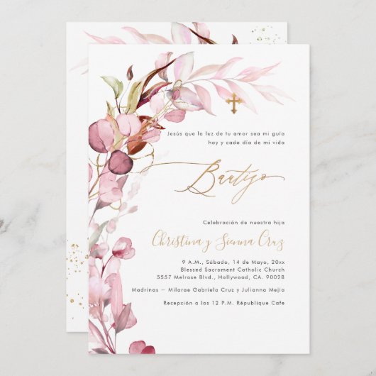 Invitation PixDezines H2 Dusty Blush Gum Eucalyptus Bautizo (Devant / Derrière)