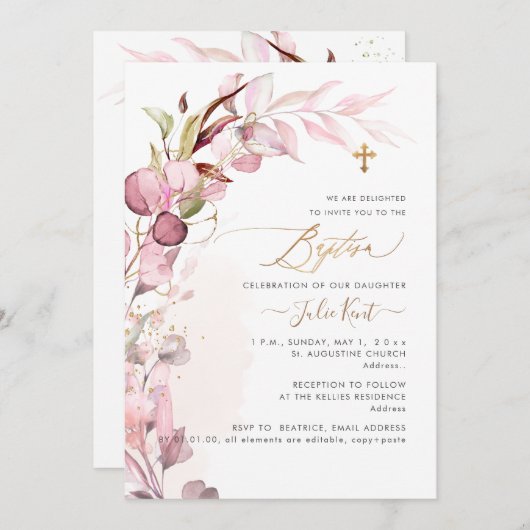 Invitation PixDezines H2 Dusty Blush Gum Foliage Baptême (Devant / Derrière)