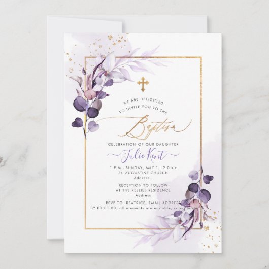 Invitation PixDezines H2 Dusty Purple Gum Eucalyptus Baptême (Devant)
