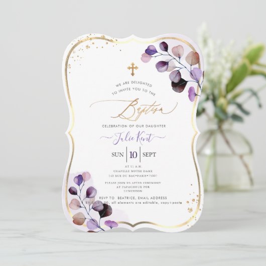 Invitation PixDezines H2 Dusty Purple Gum Eucalyptus Baptême (Debout devant)