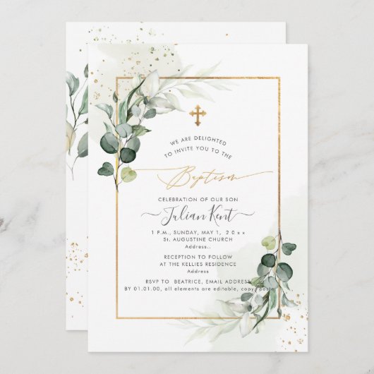 Invitation PixDezines H2 Eucalyptus Baptême (Devant / Derrière)