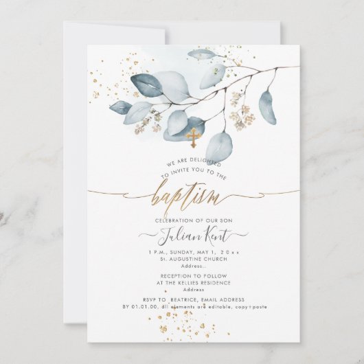 Invitation PixDezines H2 Eucalyptus Bleu Baptême (Devant)