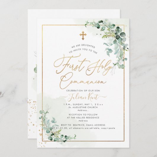 Invitation PixDezines H2 Eucalyptus Première Communion Sainte (Devant / Derrière)