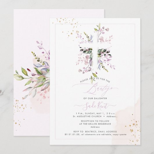 Invitation PixDezines H2 Eucalyptus rose Bautizo (Devant / Derrière)