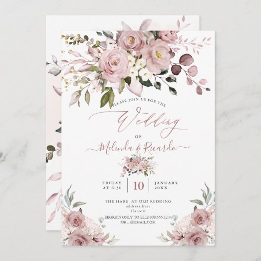 Invitation PixDezines H2 Fleurs Dusty Rose Hydrangeas (Devant / Derrière)