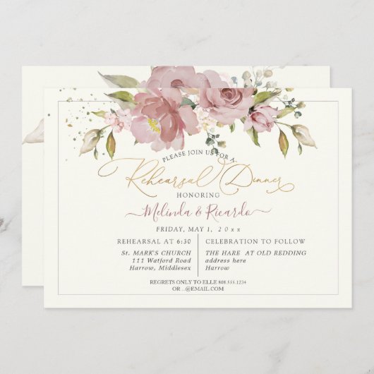 Invitation PixDezines H2 Fleurs Roses Dusty (Devant / Derrière)