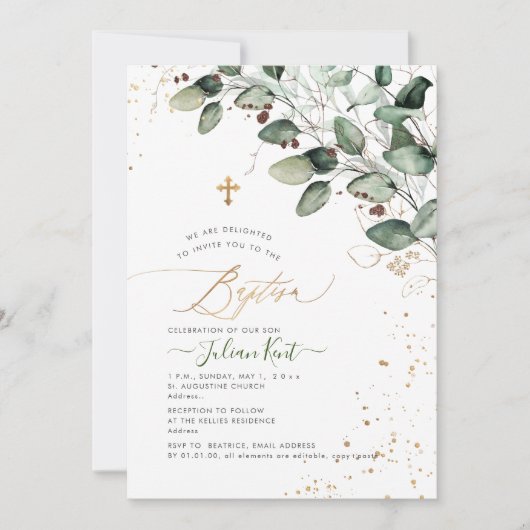 Invitation PixDezines H2 Gomme Rustique Eucalyptus Baptême (Devant)