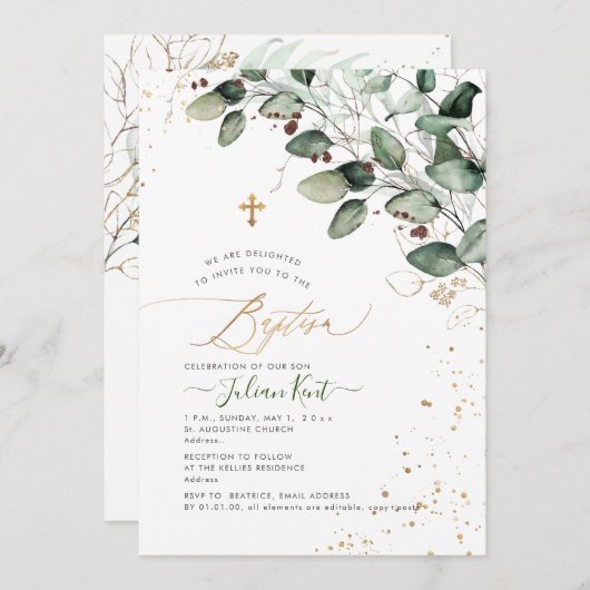 Invitation PixDezines H2 Gomme Rustique Eucalyptus Baptême (Devant / Derrière)