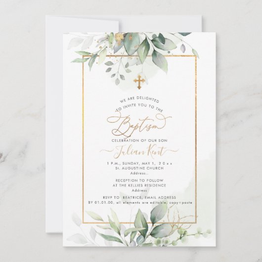 Invitation PixDezines H2 Green Gold Eucalyptus Baptême (Devant)