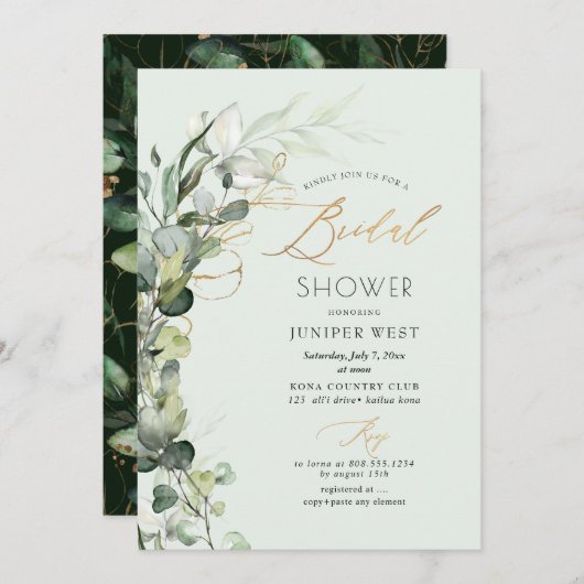 Invitation PixDezines H2 Green Gold Eucalyptus Fête des marié (Devant / Derrière)