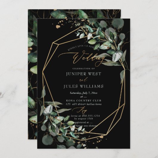 Invitation PixDezines H2 Green Gold Eucalyptus Mariage (Devant / Derrière)