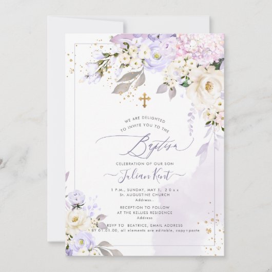 Invitation PixDezines H2 Hortensias Crème Roses Baptême (Devant)