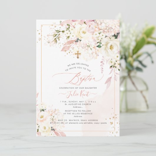Invitation PixDezines H2 Hydrangeas Blush Rose Baptême (Debout devant)