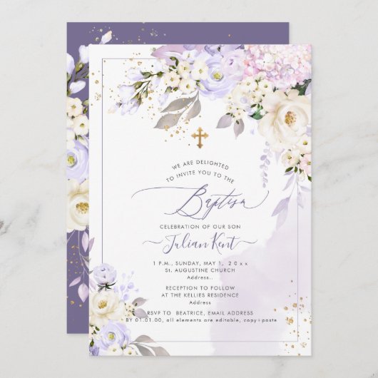 Invitation PixDezines H2 Hydrangeas Crème Roses Baptême (Devant / Derrière)