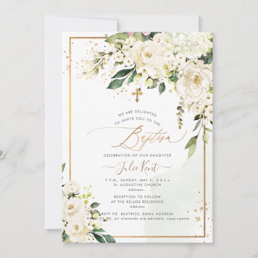 Invitation PixDezines H2 Hydrangeas Crème Roses Baptême (Devant)