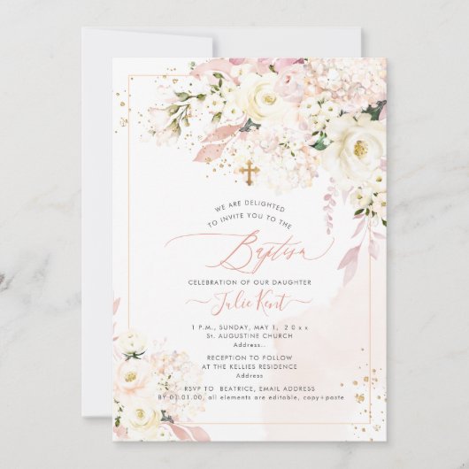 Invitation PixDezines H2 Hydrangeas Roses Fleurs Rouges Baptê (Devant)
