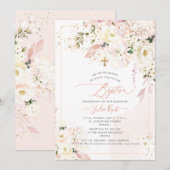 Invitation PixDezines H2 Hydrangeas Roses Fleurs Rouges Baptê (Devant / Derrière)