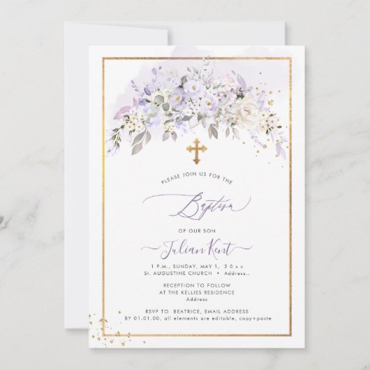 Invitation PixDezines H2 Lilac Purple Fleurs Baptême (Devant)