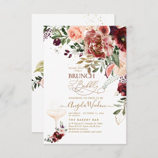 Invitation PixDezines H2 Marsala Rouge Autumn Brunch & Bubbly (Devant / Derrière)