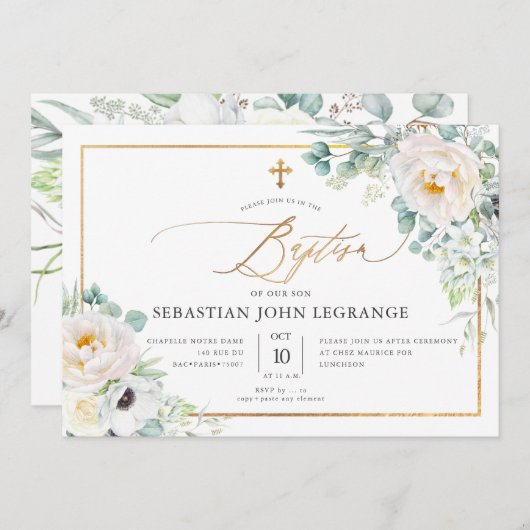 Invitation PixDezines H2 Peonies Eucalyptus Baptême (Devant / Derrière)