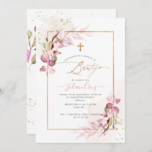 Invitation PixDezines H2 rose Eucalyptus Bautizo (Devant / Derrière)