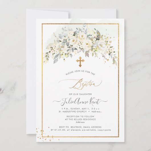 Invitation PixDezines H2 Roses Alabaster Baptême (Devant)