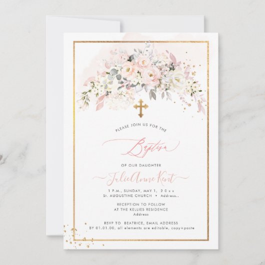 Invitation PixDezines H2 Roses Blush Baptême (Devant)