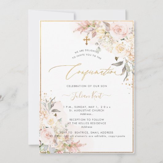 Invitation PixDezines H2 Roses Fard Crème Confirmation (Devant)