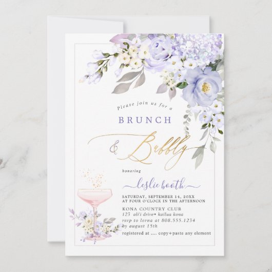 Invitation PixDezines H2 violet Roses Hydrangea Brunch Bubbly (Devant)