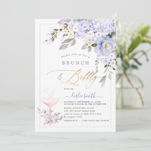 Invitation PixDezines H2 violet Roses Hydrangea Brunch Bubbly (Debout devant)